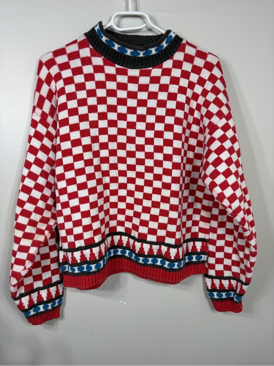 Harot Sweaters - Vintage Harot Red White Checkerboard 100% Cotton Knit Sweater Made USA